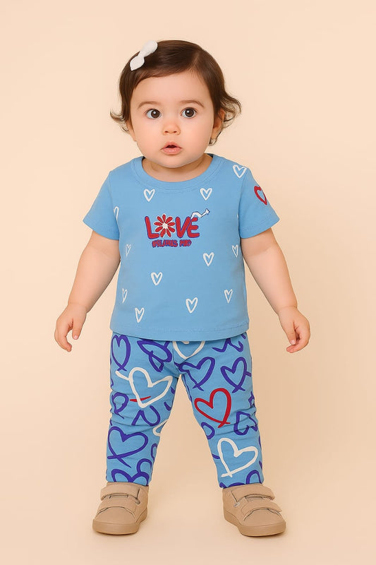 "Love in Every Heartbeat – Toddler Girl's Blue Heart Print Outfit"