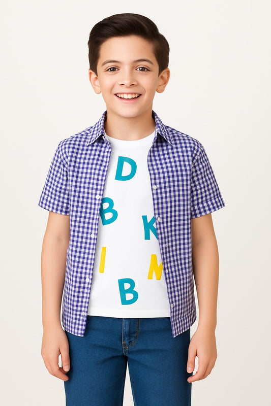 Alphabet Tee with Checkered Shirt – Boys' Smart Casual Double Shirt
